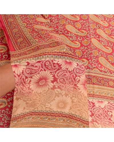 Sanskriti Vintage Sarees Dark Red Pure Silk Printed Sari Soft 5Yd Craft Fabric, PR-60835-Dark Red-Printed Floral Design-Pure Silk-5