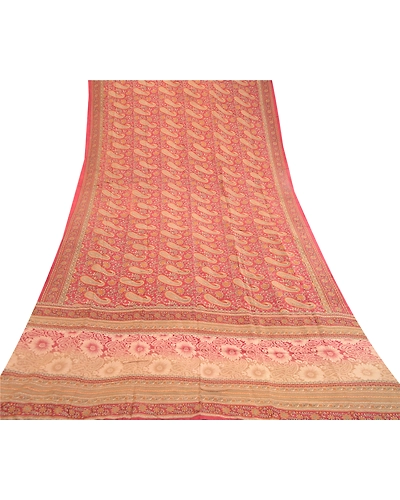 Sanskriti Vintage Sarees Dark Red Pure Silk Printed Sari Soft 5Yd Craft Fabric, PR-60835-Dark Red-Printed Floral Design-Pure Silk-7