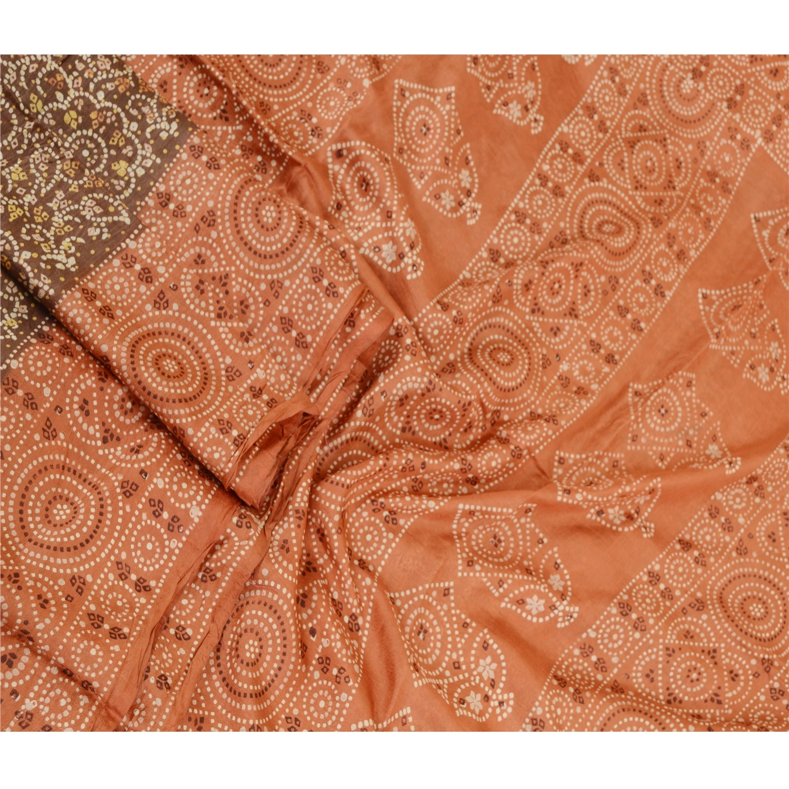 Sanskriti Vintage Sarees Brown Bandhani Printed Pure Silk Sari 5Yd Craft Fabric, PR-60837-Brown-Printed Floral Design-Pure Silk-1