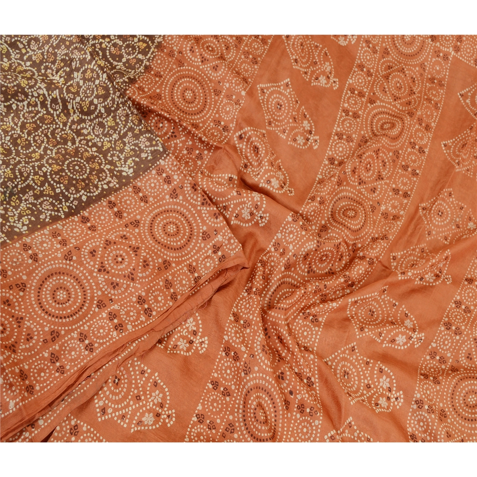 Sanskriti Vintage Sarees Brown Bandhani Printed Pure Silk Sari 5Yd Craft Fabric, PR-60837-Brown-Printed Floral Design-Pure Silk-2