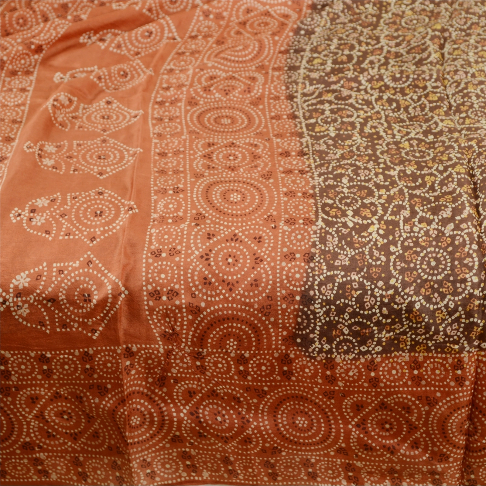 Sanskriti Vintage Sarees Brown Bandhani Printed Pure Silk Sari 5Yd Craft Fabric, PR-60837-Brown-Printed Floral Design-Pure Silk-3