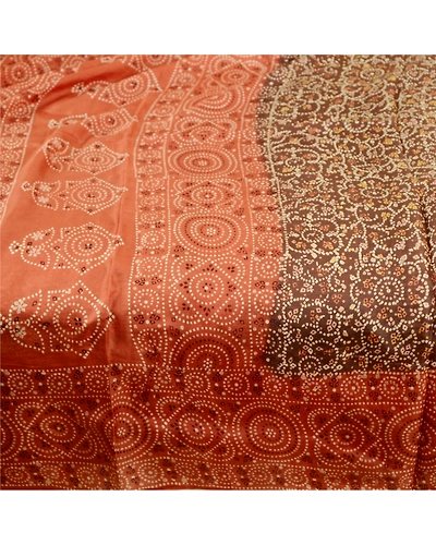 Sanskriti Vintage Sarees Brown Bandhani Printed Pure Silk Sari 5Yd Craft Fabric, PR-60837-Brown-Printed Floral Design-Pure Silk-3