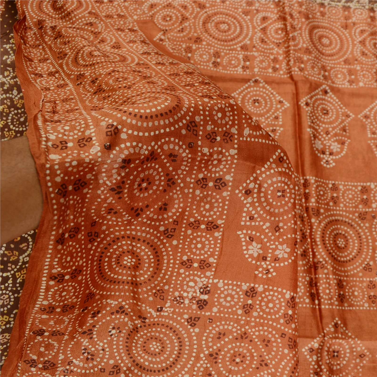 Sanskriti Vintage Sarees Brown Bandhani Printed Pure Silk Sari 5Yd Craft Fabric, PR-60837-Brown-Printed Floral Design-Pure Silk-5