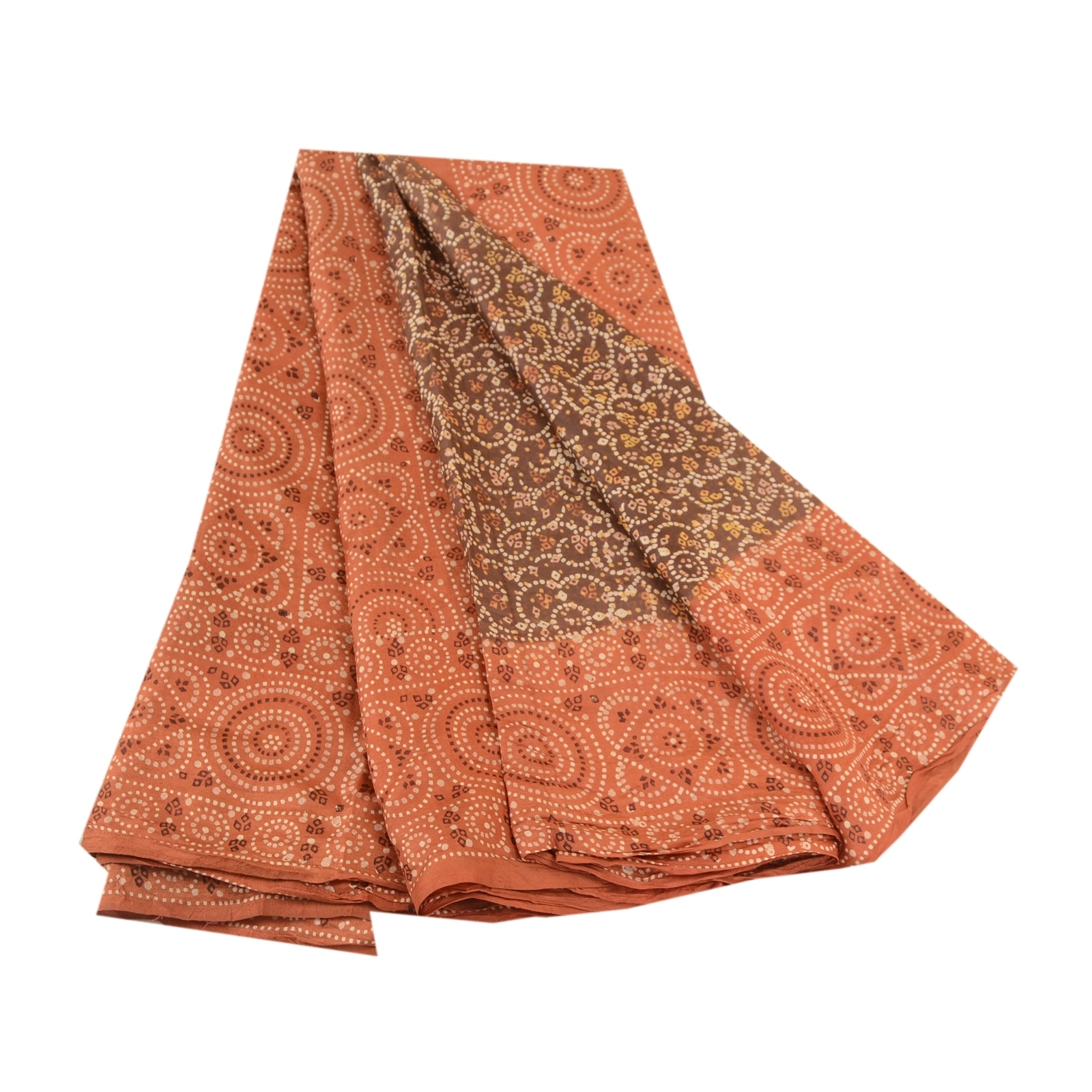 Sanskriti Vintage Sarees Brown Bandhani Printed Pure Silk Sari 5Yd Craft Fabric, PR-60837-Brown-Printed Floral Design-Pure Silk-6