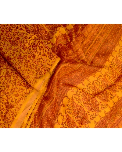 Sanskriti Vintage Sarees Saffron Indian Pure Silk Printed Sari Soft Craft Fabric, PR-60842-Saffron-Printed Floral Design-Pure Silk-1
