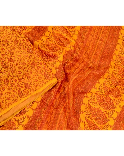 Sanskriti Vintage Sarees Saffron Indian Pure Silk Printed Sari Soft Craft Fabric, PR-60842-Saffron-Printed Floral Design-Pure Silk-2