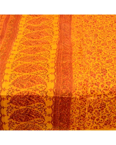 Sanskriti Vintage Sarees Saffron Indian Pure Silk Printed Sari Soft Craft Fabric, PR-60842-Saffron-Printed Floral Design-Pure Silk-3