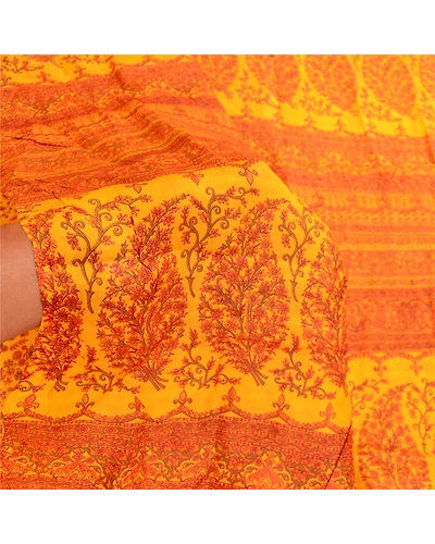 Sanskriti Vintage Sarees Saffron Indian Pure Silk Printed Sari Soft Craft Fabric, PR-60842-Saffron-Printed Floral Design-Pure Silk-5