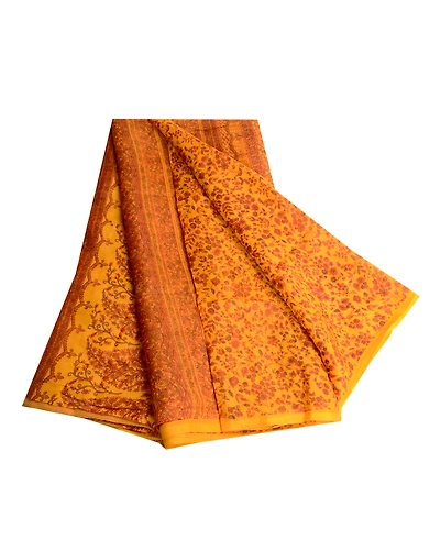 Sanskriti Vintage Sarees Saffron Indian Pure Silk Printed Sari Soft Craft Fabric, PR-60842-Saffron-Printed Floral Design-Pure Silk-6