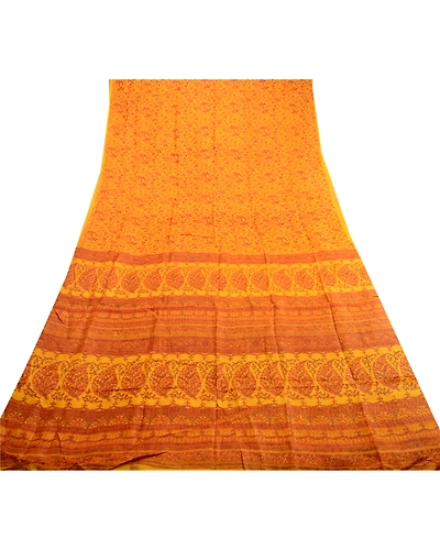 Sanskriti Vintage Sarees Saffron Indian Pure Silk Printed Sari Soft Craft Fabric, PR-60842-Saffron-Printed Floral Design-Pure Silk-7