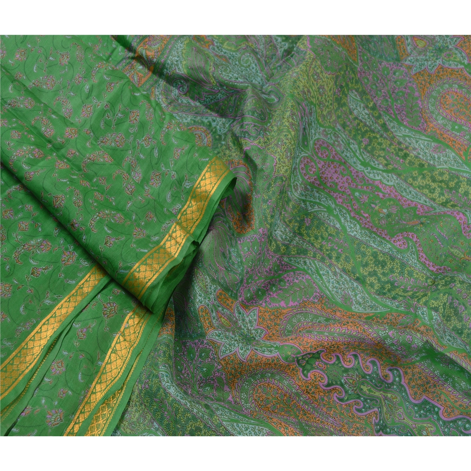 Sanskriti Vintage Sarees Green Pure Silk Printed Zari Border Sari Craft Fabric, PR-60843-Green-Printed Floral Design-Pure Silk-1