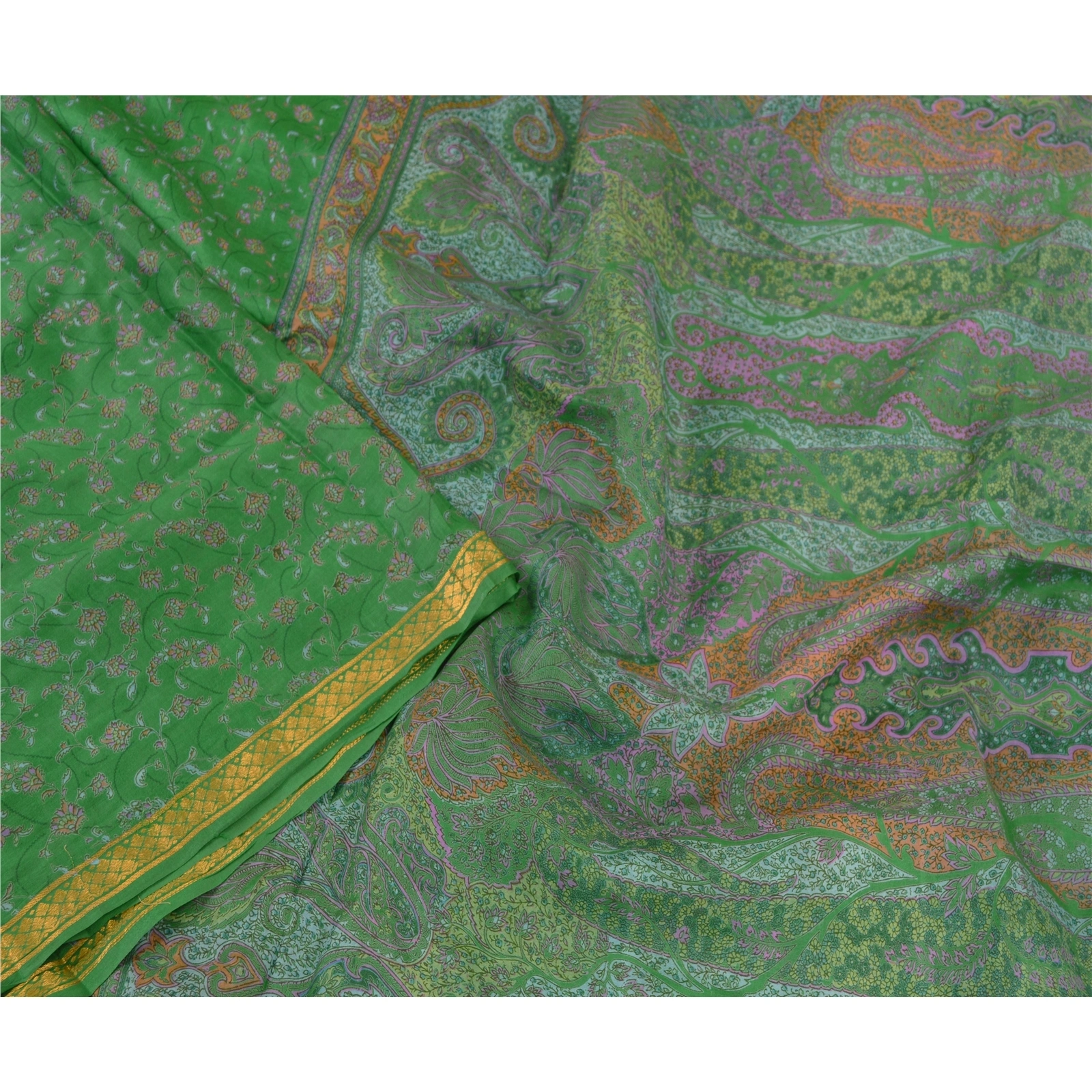 Sanskriti Vintage Sarees Green Pure Silk Printed Zari Border Sari Craft Fabric, PR-60843-Green-Printed Floral Design-Pure Silk-2