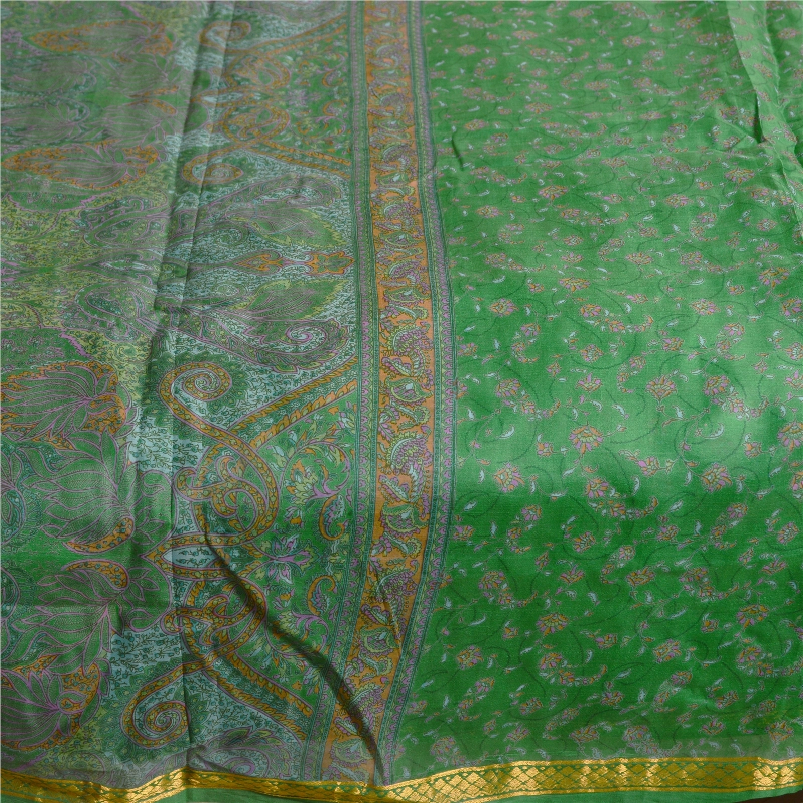 Sanskriti Vintage Sarees Green Pure Silk Printed Zari Border Sari Craft Fabric, PR-60843-Green-Printed Floral Design-Pure Silk-3