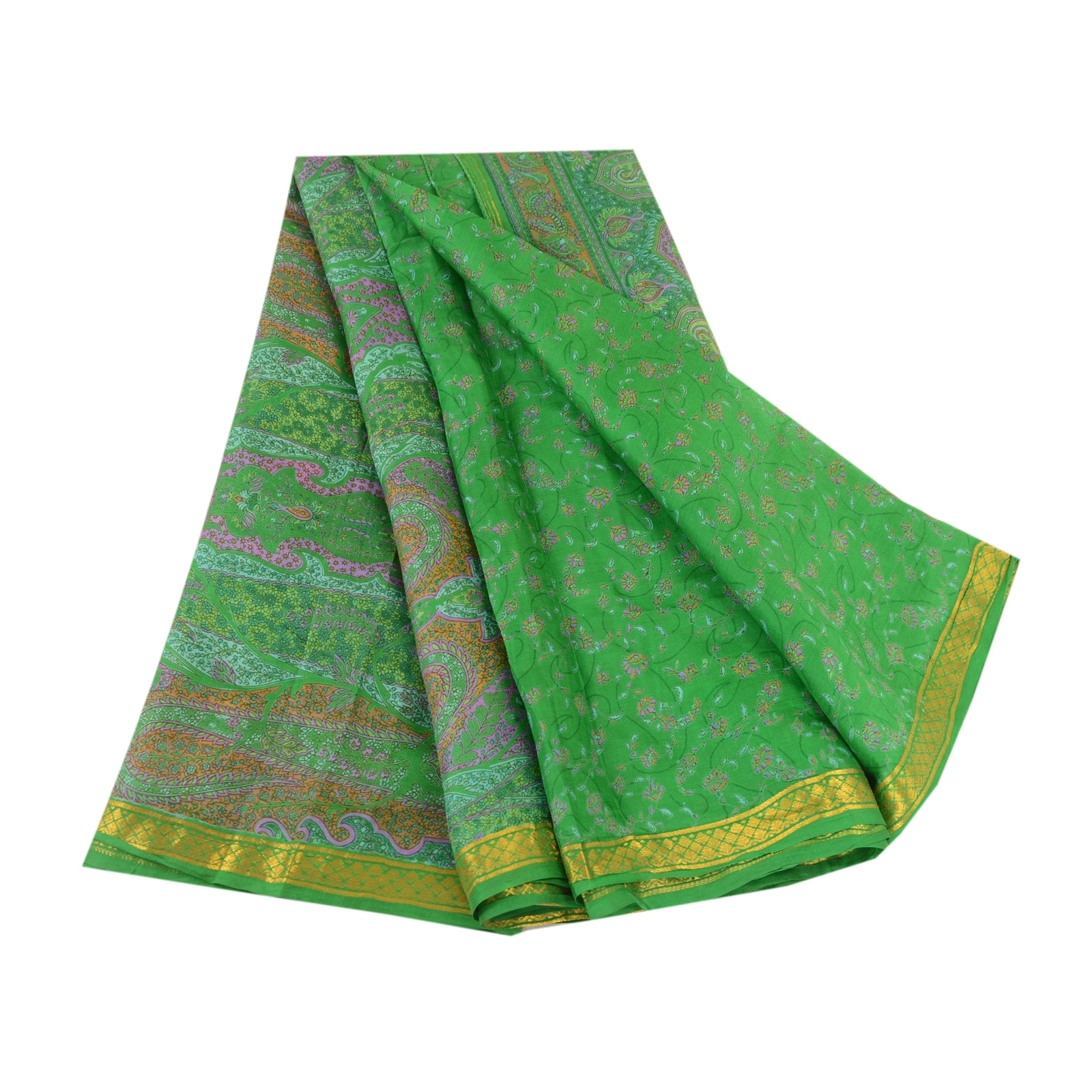 Sanskriti Vintage Sarees Green Pure Silk Printed Zari Border Sari Craft Fabric, PR-60843-Green-Printed Floral Design-Pure Silk-6