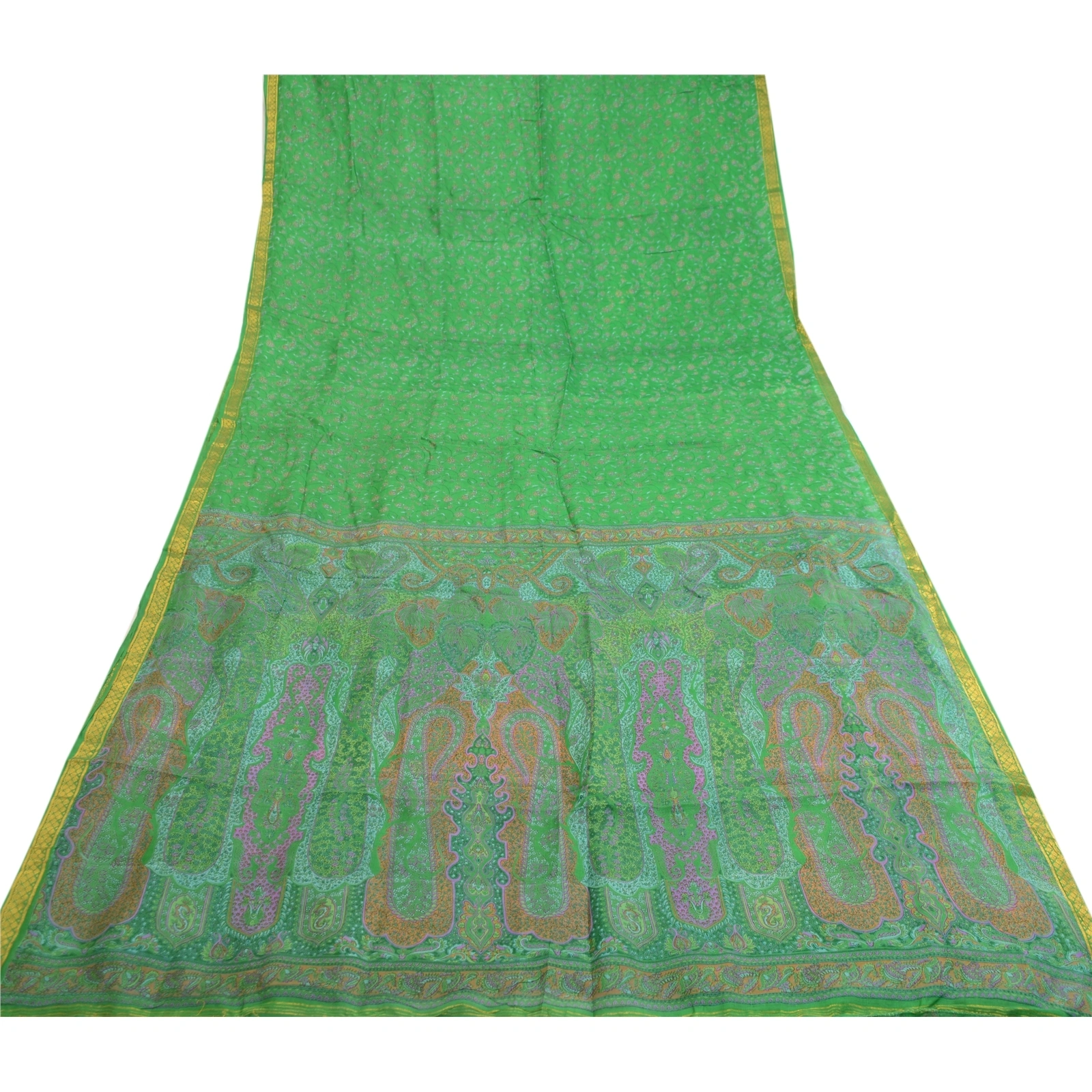 Sanskriti Vintage Sarees Green Pure Silk Printed Zari Border Sari Craft Fabric, PR-60843-Green-Printed Floral Design-Pure Silk-7