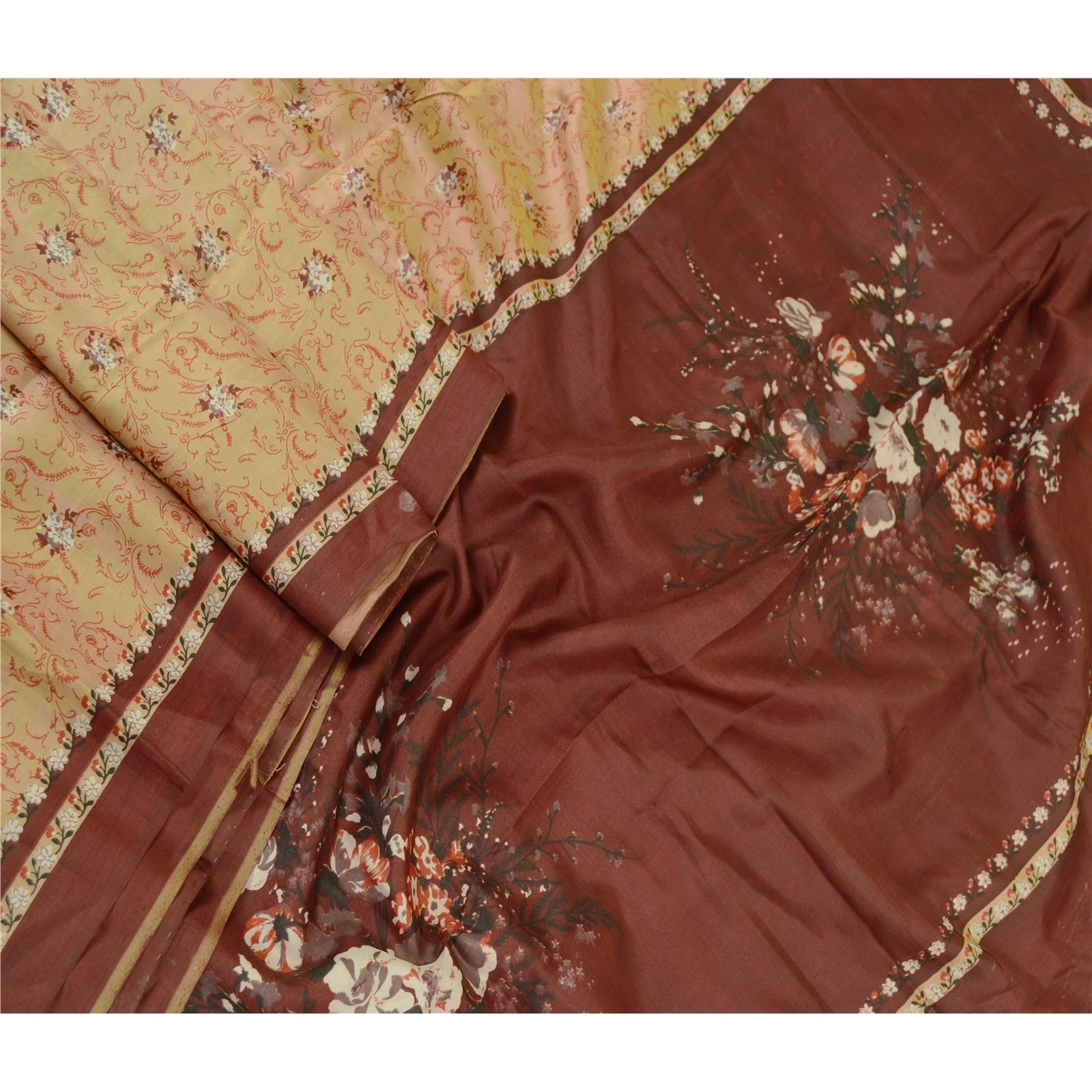 Sanskriti Vintage Sarees Brown 100% Pure Silk Printed Sari 5Yd Soft Craft Fabric, PR-60887-Brown-Printed Floral Design-Pure Silk-1