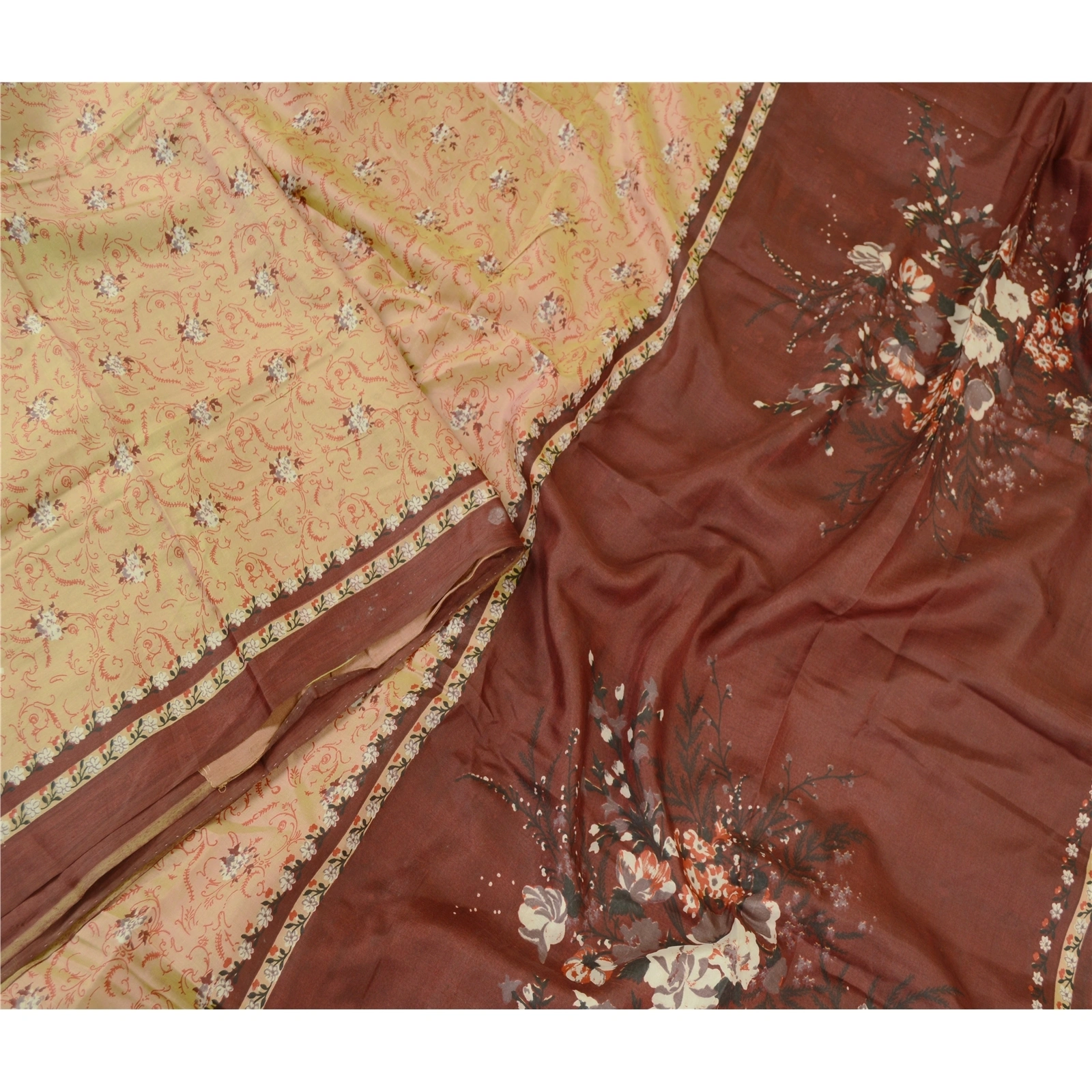 Sanskriti Vintage Sarees Brown 100% Pure Silk Printed Sari 5Yd Soft Craft Fabric, PR-60887-Brown-Printed Floral Design-Pure Silk-2