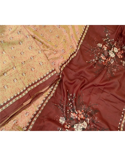 Sanskriti Vintage Sarees Brown 100% Pure Silk Printed Sari 5Yd Soft Craft Fabric, PR-60887-Brown-Printed Floral Design-Pure Silk-2