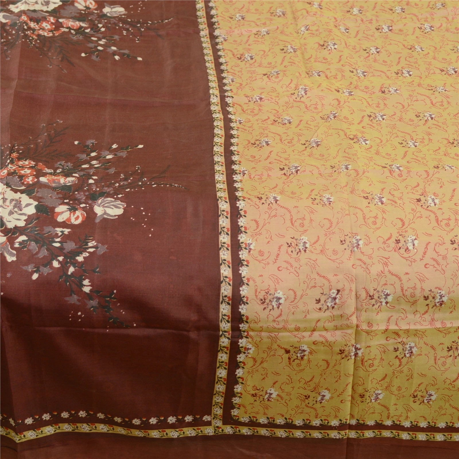 Sanskriti Vintage Sarees Brown 100% Pure Silk Printed Sari 5Yd Soft Craft Fabric, PR-60887-Brown-Printed Floral Design-Pure Silk-3