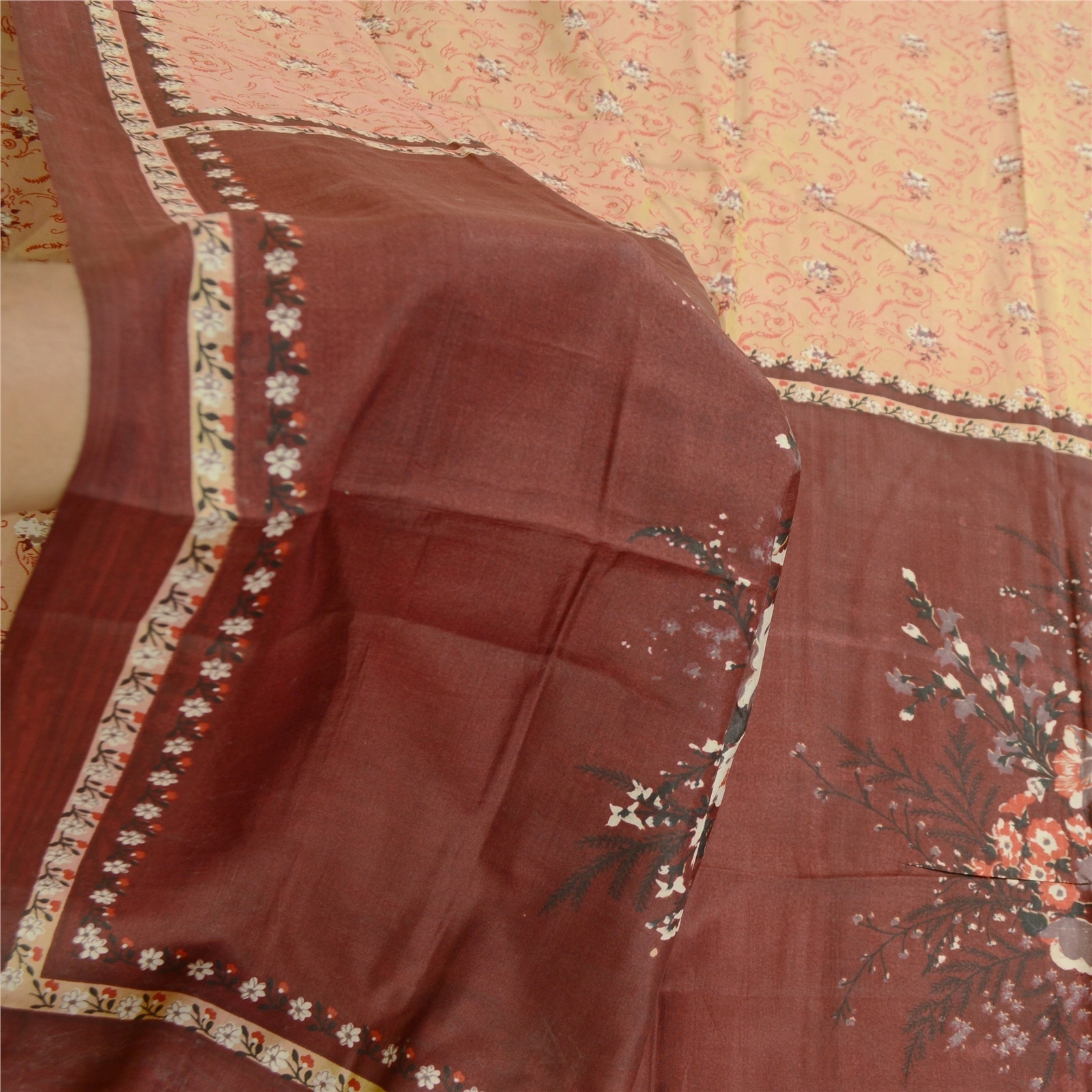 Sanskriti Vintage Sarees Brown 100% Pure Silk Printed Sari 5Yd Soft Craft Fabric, PR-60887-Brown-Printed Floral Design-Pure Silk-5