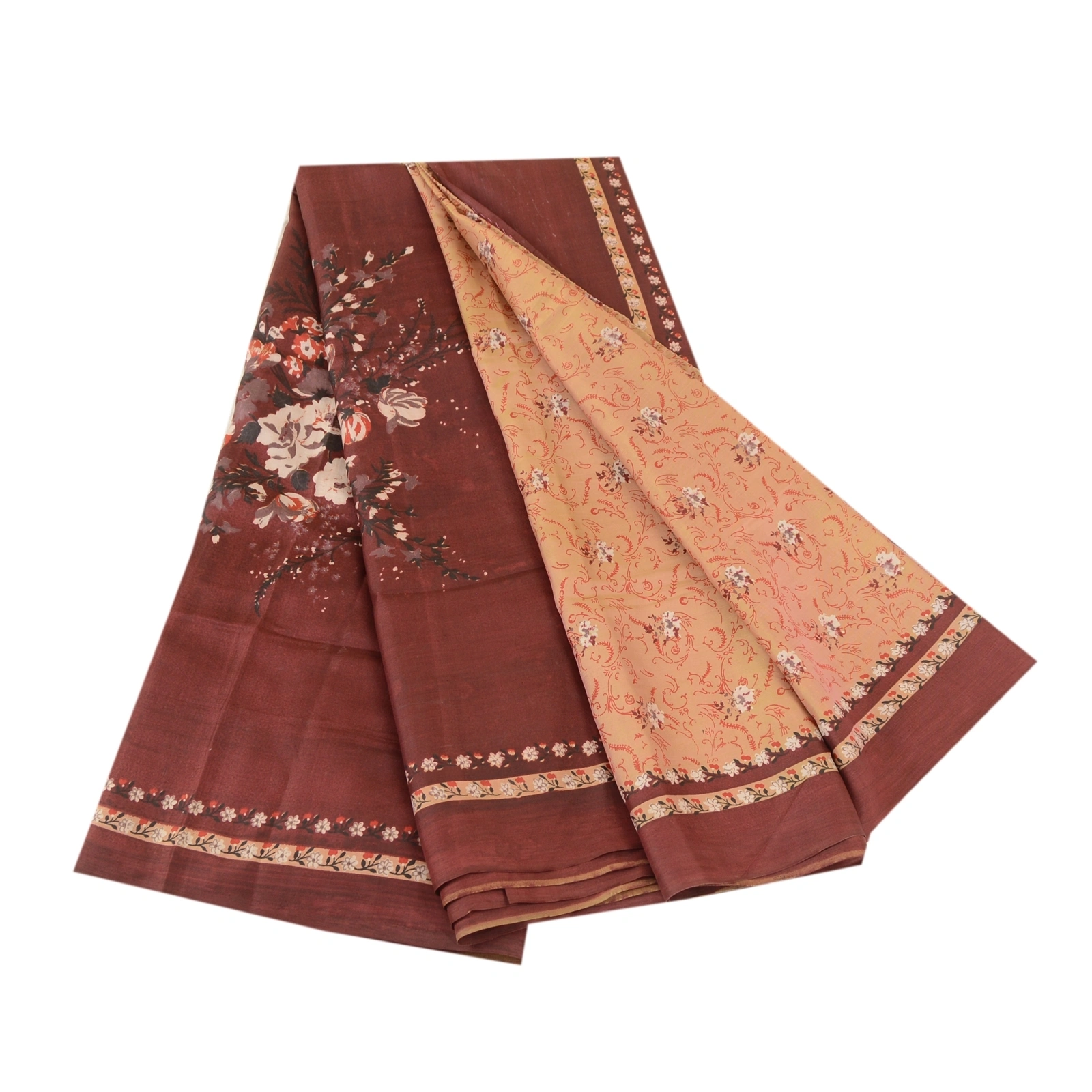 Sanskriti Vintage Sarees Brown 100% Pure Silk Printed Sari 5Yd Soft Craft Fabric, PR-60887-Brown-Printed Floral Design-Pure Silk-6