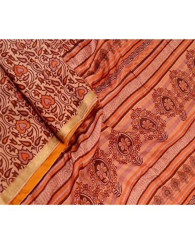 Sanskriti Vintage Sarees Brown Pure Silk Printed Zari Border Sari Craft Fabric, PR-60904-Brown-Printed Floral Design-Pure Silk-1