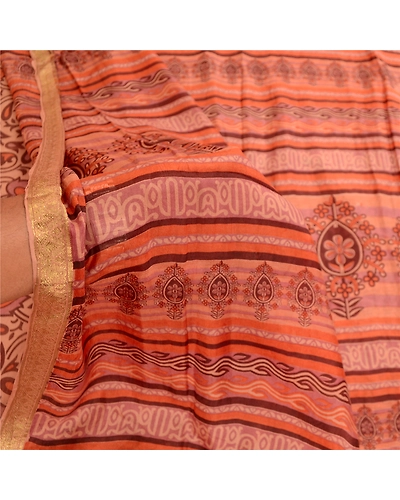 Sanskriti Vintage Sarees Brown Pure Silk Printed Zari Border Sari Craft Fabric, PR-60904-Brown-Printed Floral Design-Pure Silk-5