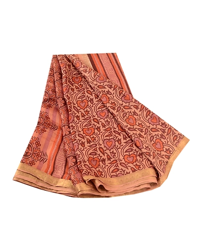 Sanskriti Vintage Sarees Brown Pure Silk Printed Zari Border Sari Craft Fabric, PR-60904-Brown-Printed Floral Design-Pure Silk-6
