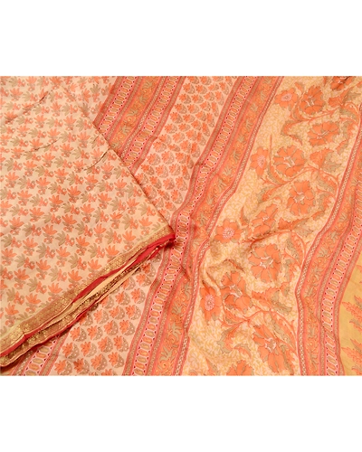 Sanskriti Vintage Sarees Orange Pure Silk Printed Zari Border Sari Craft Fabric, PR-60925-Orange-Printed Floral Design-Pure Silk-2