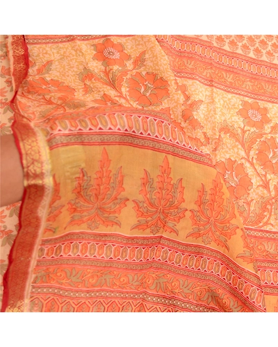 Sanskriti Vintage Sarees Orange Pure Silk Printed Zari Border Sari Craft Fabric, PR-60925-Orange-Printed Floral Design-Pure Silk-5