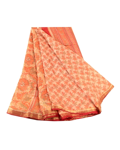 Sanskriti Vintage Sarees Orange Pure Silk Printed Zari Border Sari Craft Fabric, PR-60925-Orange-Printed Floral Design-Pure Silk-6