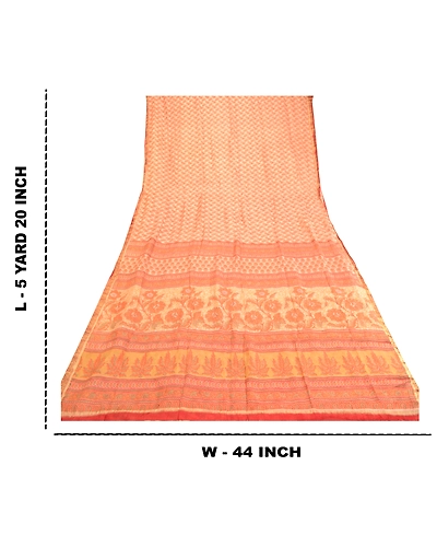 Sanskriti Vintage Sarees Orange Pure Silk Printed Zari Border Sari Craft Fabric, PR-60925-Orange-Printed Floral Design-Pure Silk-8