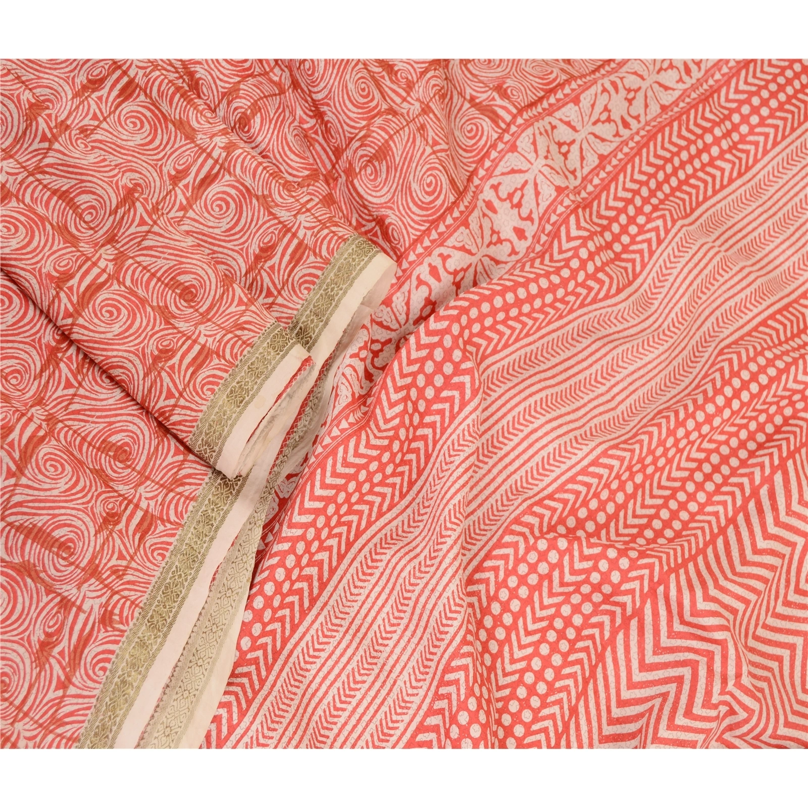 Sanskriti Vintage Sarees Red Pure Silk Printed Sari Zari Border 5Yd Craft Fabric, PR-60942-Red-Printed Floral Design-Pure Silk-1