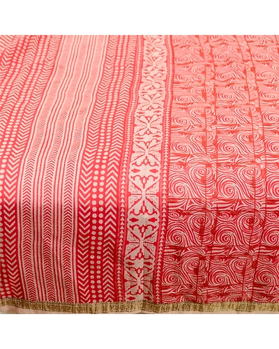 Sanskriti Vintage Sarees Red Pure Silk Printed Sari Zari Border 5Yd Craft Fabric, PR-60942-Red-Printed Floral Design-Pure Silk-3