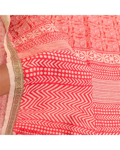 Sanskriti Vintage Sarees Red Pure Silk Printed Sari Zari Border 5Yd Craft Fabric, PR-60942-Red-Printed Floral Design-Pure Silk-5