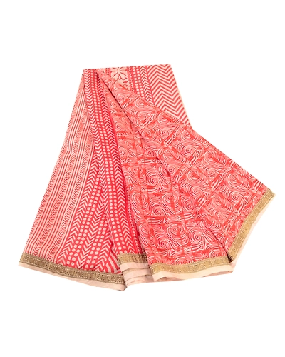 Sanskriti Vintage Sarees Red Pure Silk Printed Sari Zari Border 5Yd Craft Fabric, PR-60942-Red-Printed Floral Design-Pure Silk-6