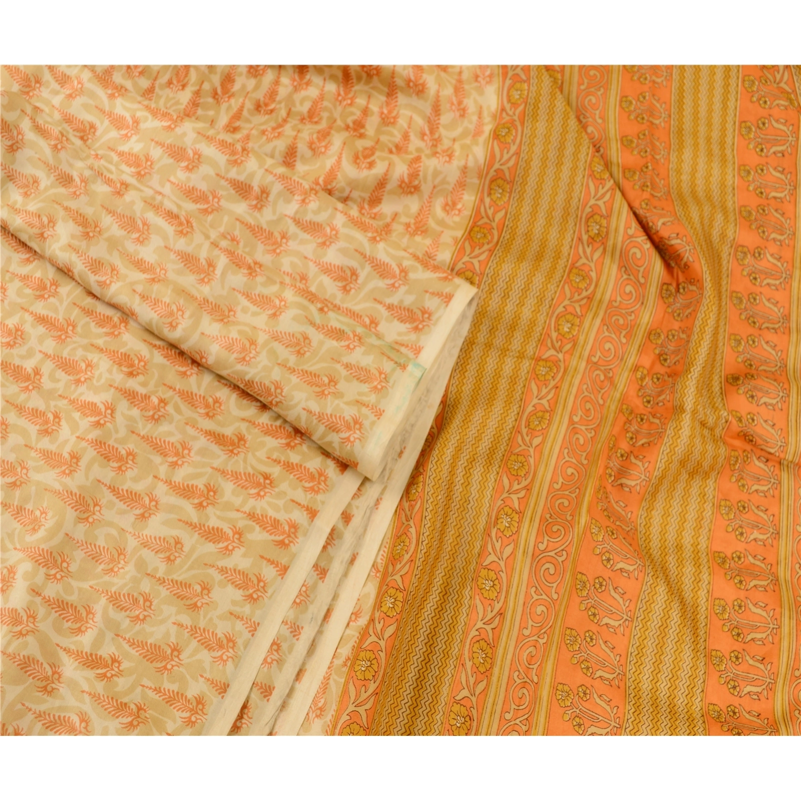 Sanskriti Vintage Sarees Cream-Orange Pure Silk Printed Sari Floral Craft Fabric, PR-60944-Cream &amp; Orange-Printed Floral Design-Pure Silk-1