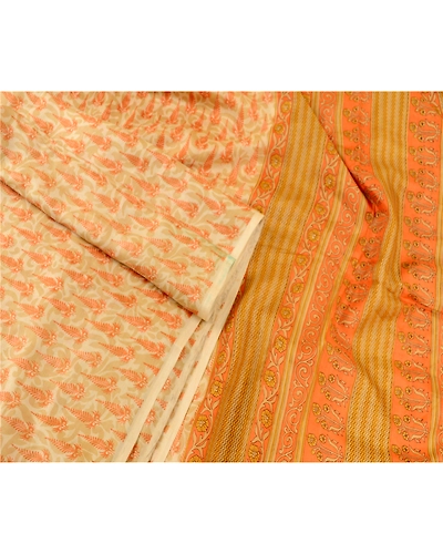 Sanskriti Vintage Sarees Cream-Orange Pure Silk Printed Sari Floral Craft Fabric, PR-60944-Cream &amp; Orange-Printed Floral Design-Pure Silk-1