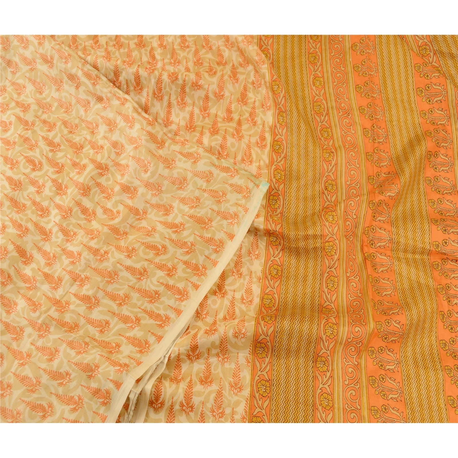 Sanskriti Vintage Sarees Cream-Orange Pure Silk Printed Sari Floral Craft Fabric, PR-60944-Cream &amp; Orange-Printed Floral Design-Pure Silk-2