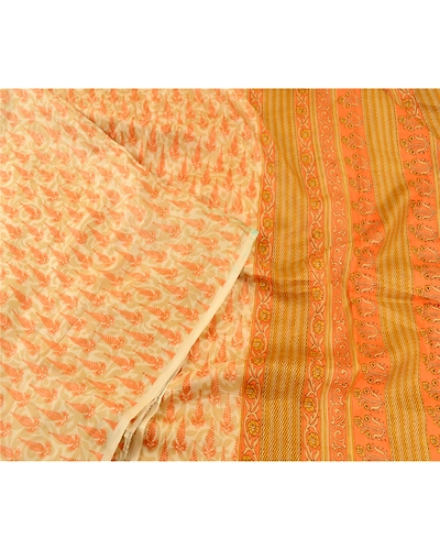 Sanskriti Vintage Sarees Cream-Orange Pure Silk Printed Sari Floral Craft Fabric, PR-60944-Cream &amp; Orange-Printed Floral Design-Pure Silk-2