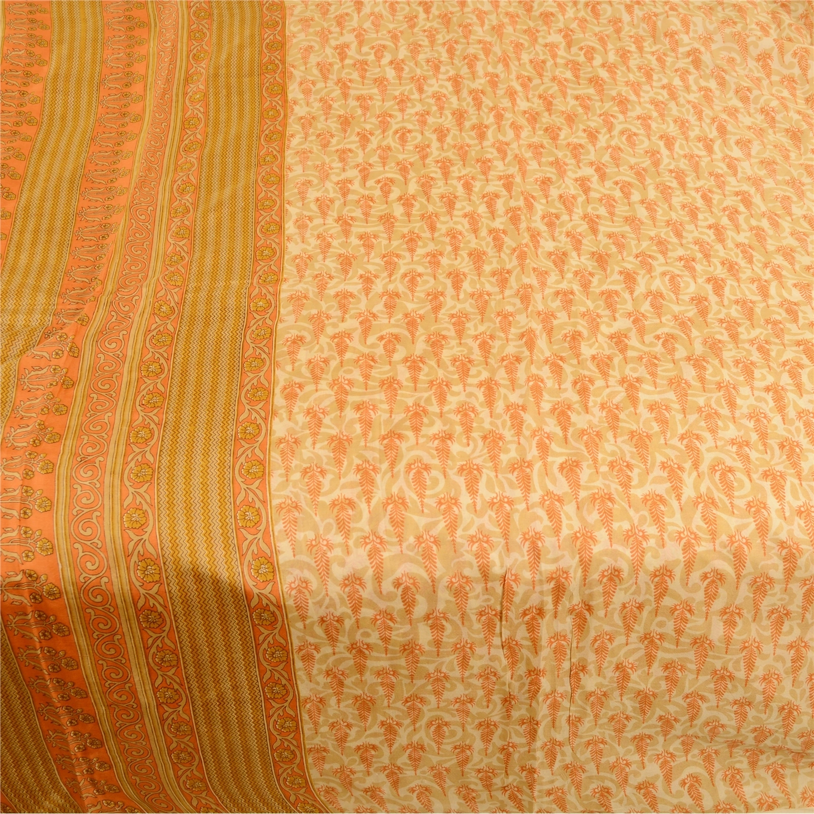 Sanskriti Vintage Sarees Cream-Orange Pure Silk Printed Sari Floral Craft Fabric, PR-60944-Cream &amp; Orange-Printed Floral Design-Pure Silk-3