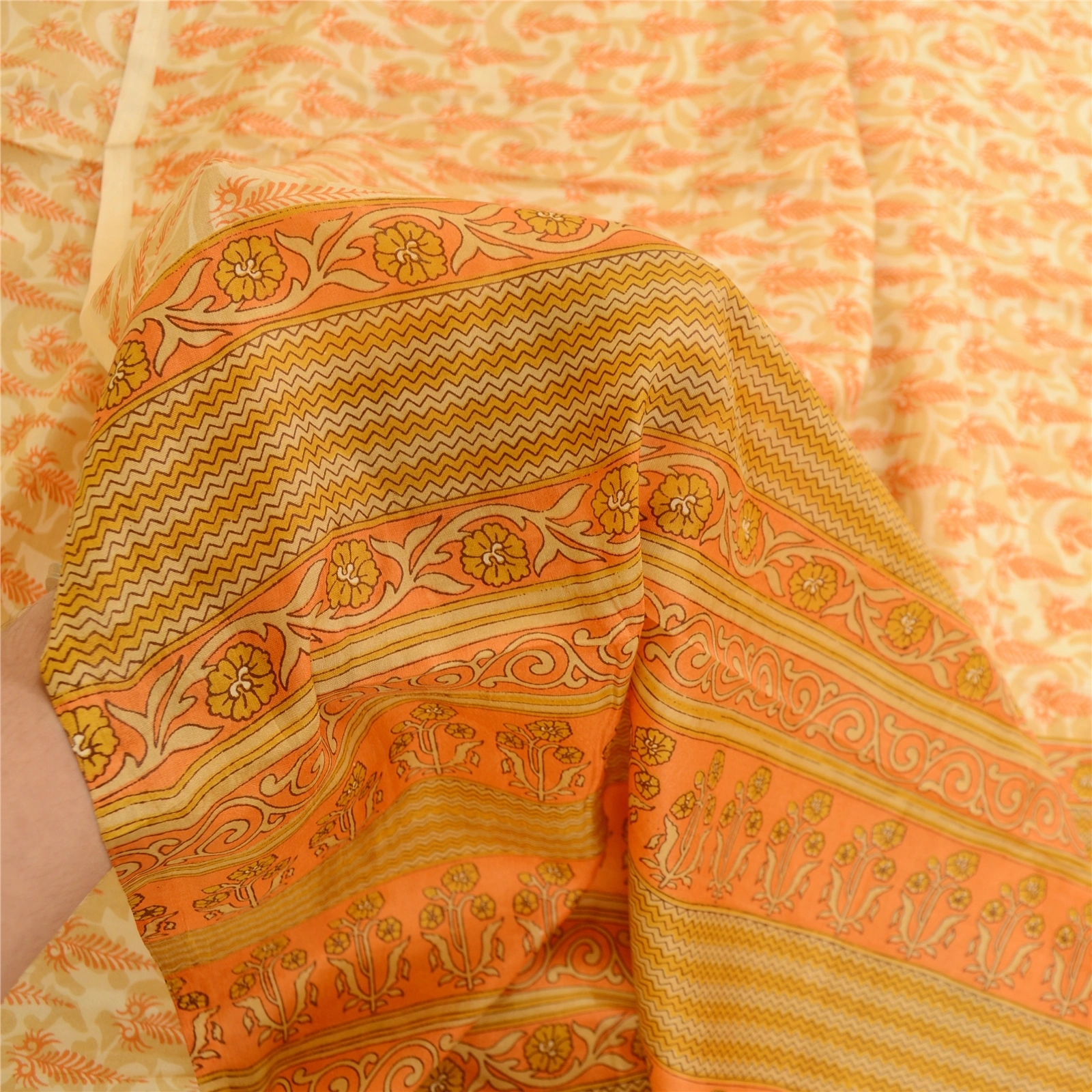 Sanskriti Vintage Sarees Cream-Orange Pure Silk Printed Sari Floral Craft Fabric, PR-60944-Cream &amp; Orange-Printed Floral Design-Pure Silk-5