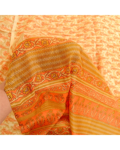 Sanskriti Vintage Sarees Cream-Orange Pure Silk Printed Sari Floral Craft Fabric, PR-60944-Cream &amp; Orange-Printed Floral Design-Pure Silk-5