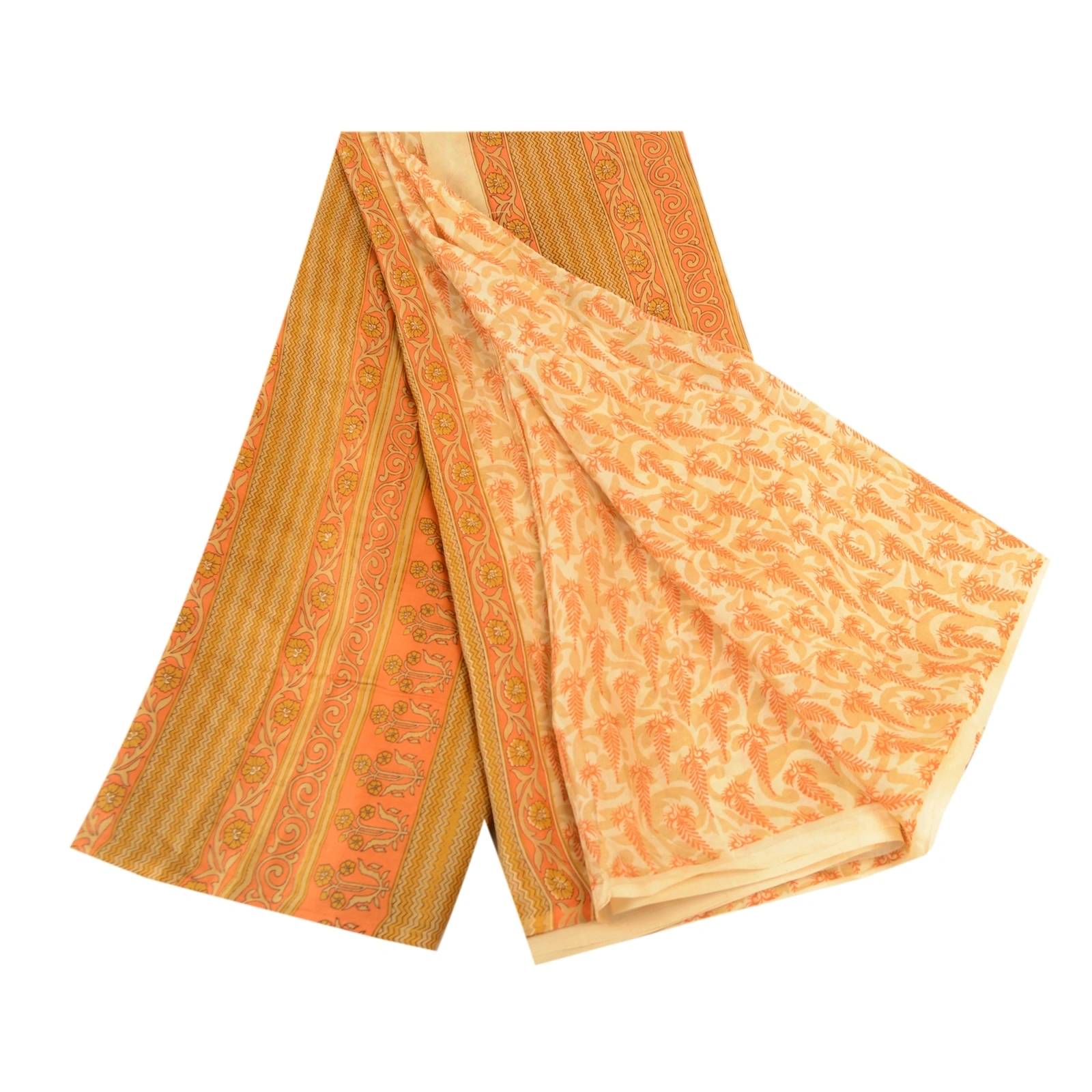 Sanskriti Vintage Sarees Cream-Orange Pure Silk Printed Sari Floral Craft Fabric, PR-60944-Cream &amp; Orange-Printed Floral Design-Pure Silk-6