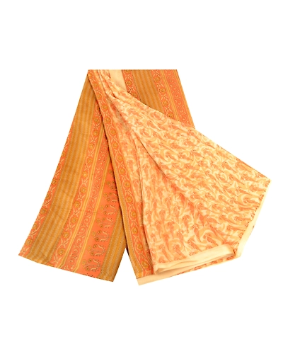 Sanskriti Vintage Sarees Cream-Orange Pure Silk Printed Sari Floral Craft Fabric, PR-60944-Cream &amp; Orange-Printed Floral Design-Pure Silk-6