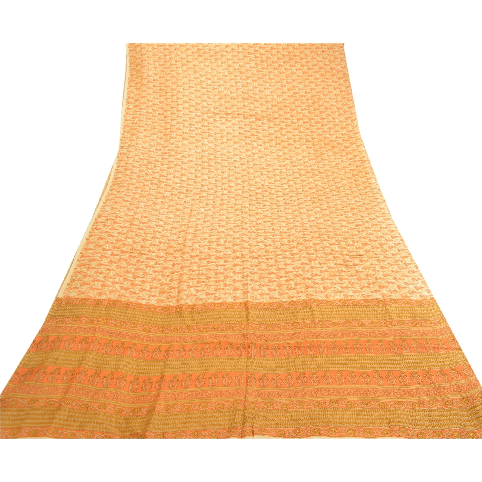 Sanskriti Vintage Sarees Cream-Orange Pure Silk Printed Sari Floral Craft Fabric, PR-60944-Cream &amp; Orange-Printed Floral Design-Pure Silk-7