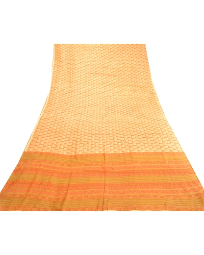 Sanskriti Vintage Sarees Cream-Orange Pure Silk Printed Sari Floral Craft Fabric, PR-60944-Cream &amp; Orange-Printed Floral Design-Pure Silk-7