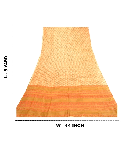 Sanskriti Vintage Sarees Cream-Orange Pure Silk Printed Sari Floral Craft Fabric, PR-60944-Cream &amp; Orange-Printed Floral Design-Pure Silk-8