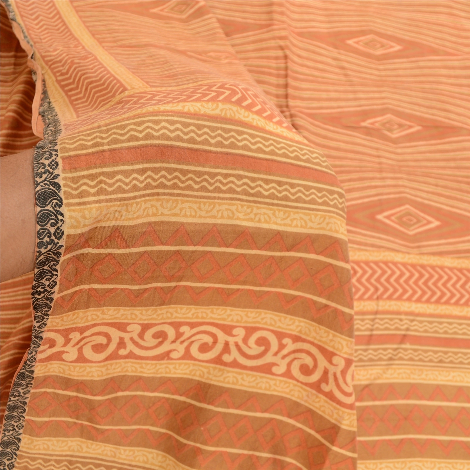 Sanskriti Vintage From India Sarees Orange Pure Silk Printed Sari Craft Fabric, PR-60954-Orange-Printed Floral Design-Pure Silk-5