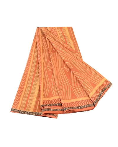 Sanskriti Vintage From India Sarees Orange Pure Silk Printed Sari Craft Fabric, PR-60954-Orange-Printed Floral Design-Pure Silk-6